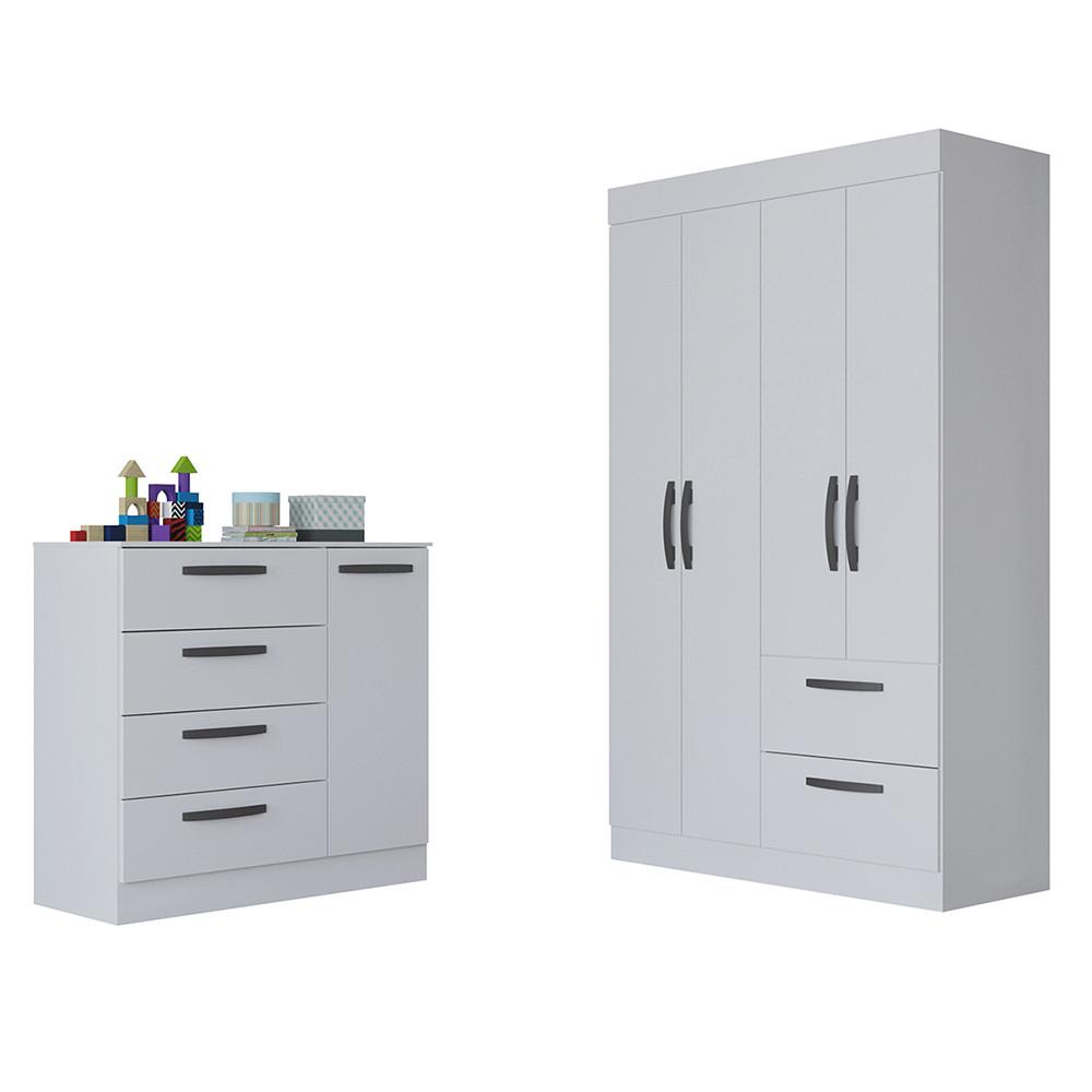 Quarto Infantil Guarda Roupa 4 Portas 2 Gavetas e Cômoda 4 Gavetas 1 Porta Loly Poquema - 2