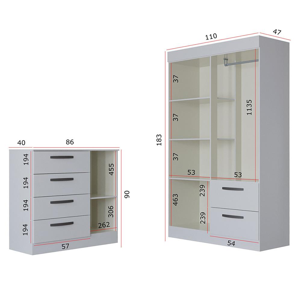 Quarto Infantil Guarda Roupa 4 Portas 2 Gavetas e Cômoda 4 Gavetas 1 Porta Loly Poquema - 4