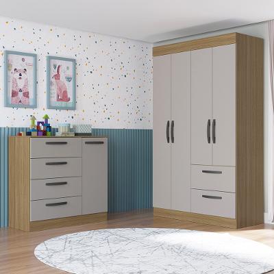 Quarto Infantil Guarda Roupa 4 Portas 2 Gavetas e Cômoda 4 Gavetas 1 Porta Loly Poquema