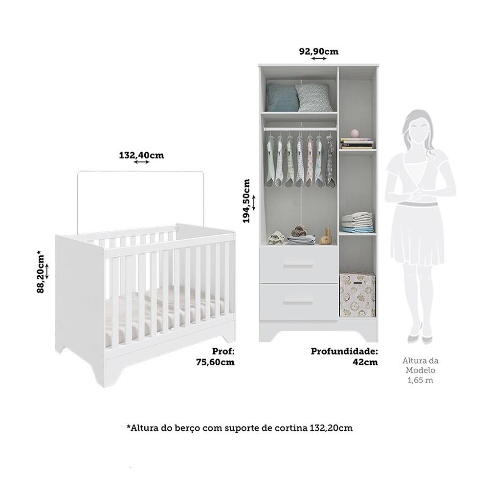 Quarto de Bebê com 2 Berço Mini Cama Guarda Roupa 3 Porta 2 Gavetas com Janela Popy Retrô Peroba - 4