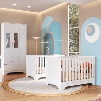 Quarto de Bebê com 2 Berço Mini Cama Guarda Roupa 3 Porta 2 Gavetas com Janela Popy Retrô Peroba