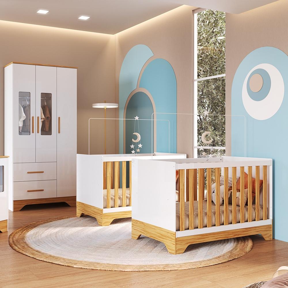 Quarto de Bebê com 2 Berço Mini Cama Guarda Roupa 3 Porta 2 Gavetas com Janela Popy Retrô Peroba - 1