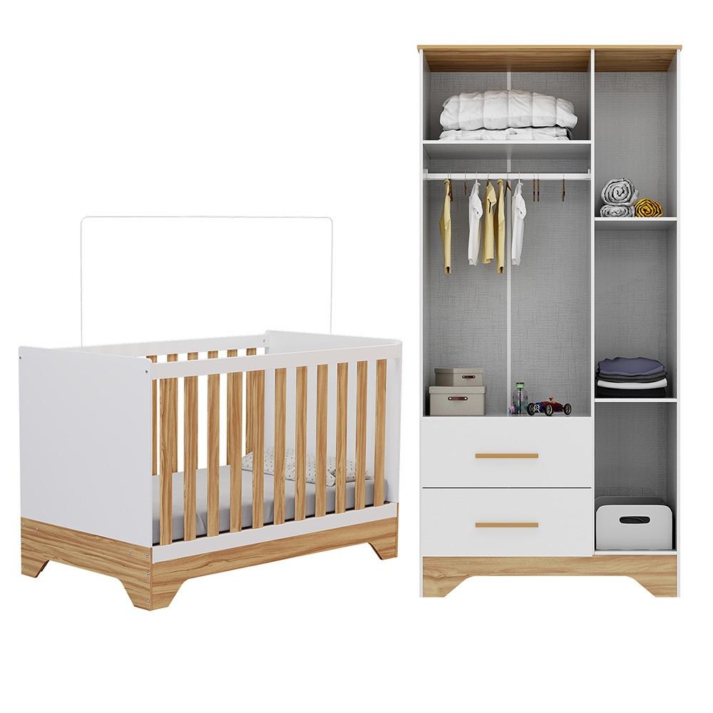 Quarto de Bebê com 2 Berço Mini Cama Guarda Roupa 3 Porta 2 Gavetas com Janela Popy Retrô Peroba - 3