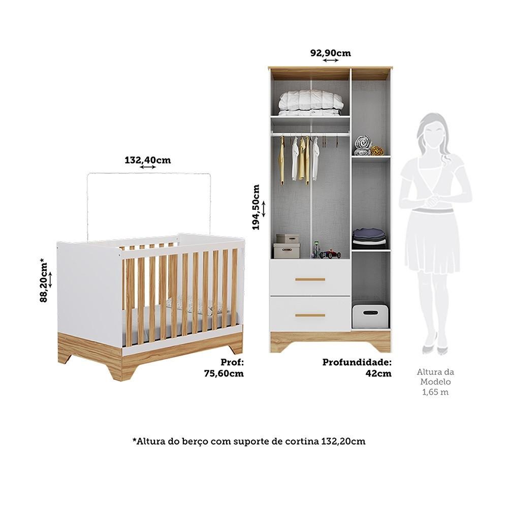 Quarto de Bebê com 2 Berço Mini Cama Guarda Roupa 3 Porta 2 Gavetas com Janela Popy Retrô Peroba - 4