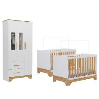 Quarto de Bebê com 2 Berço Mini Cama Guarda Roupa 3 Porta 2 Gavetas com Janela Popy Retrô Peroba - 2
