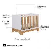 Quarto de Bebê com 2 Berço Mini Cama Guarda Roupa 3 Porta 2 Gavetas com Janela Popy Retrô Peroba - 7