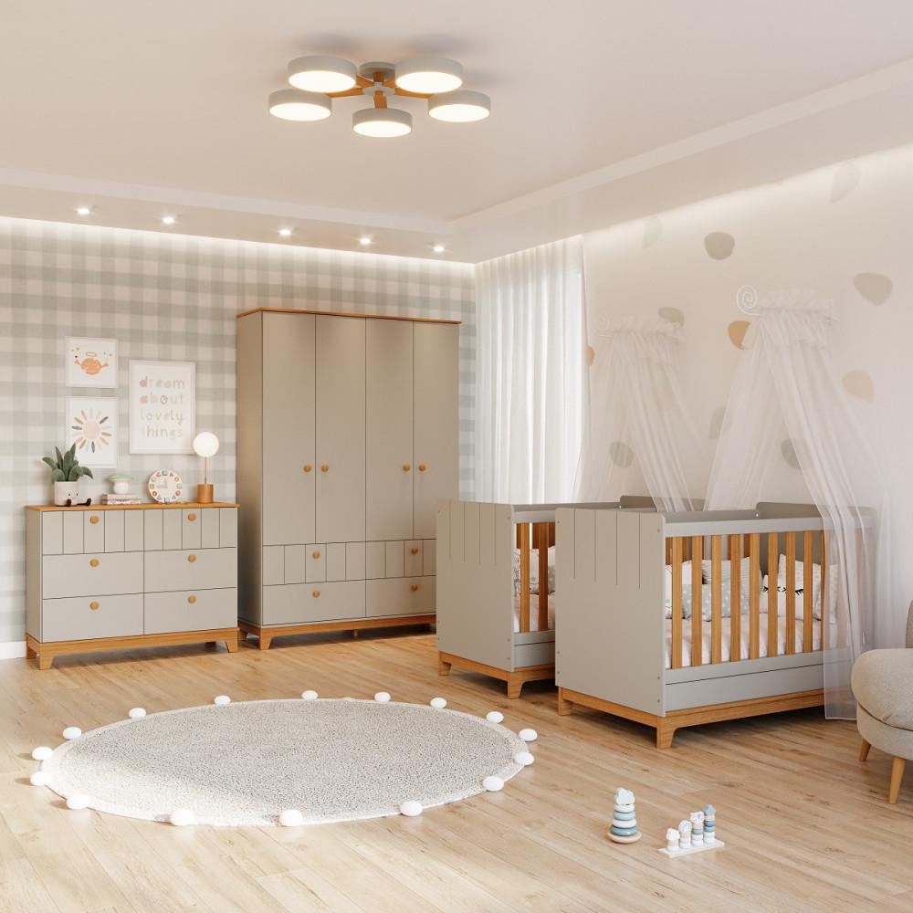 Quarto Bebê Gêmeos com 2 Berços Mini Cama Cômoda  e Guarda Roupa Liza Permobili - 1