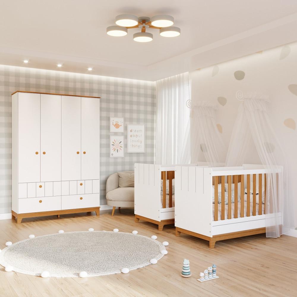 Quarto Bebê Gêmeos com 2 Berços Mini Cama e Guarda Roupa 4 portas Liza Permobili - 1