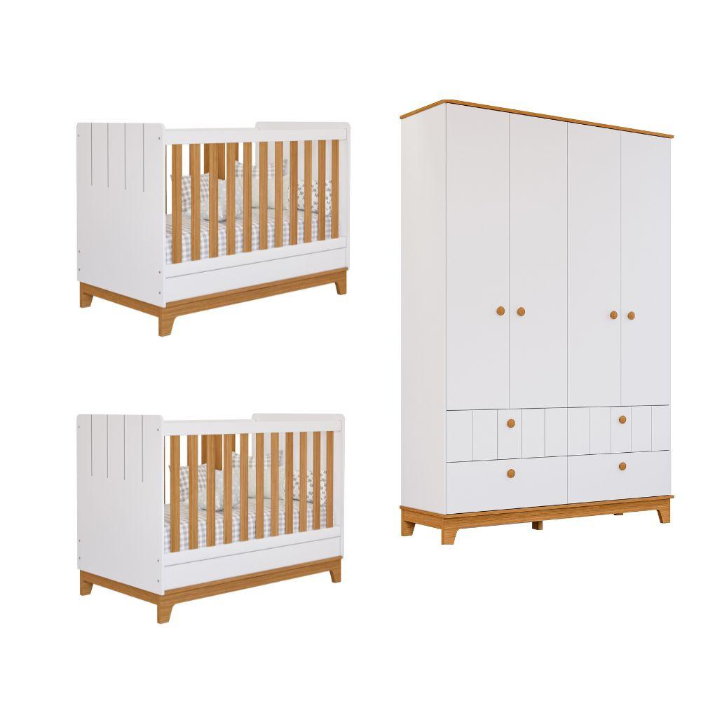 Quarto Bebê Gêmeos com 2 Berços Mini Cama e Guarda Roupa 4 portas Liza Permobili - 2