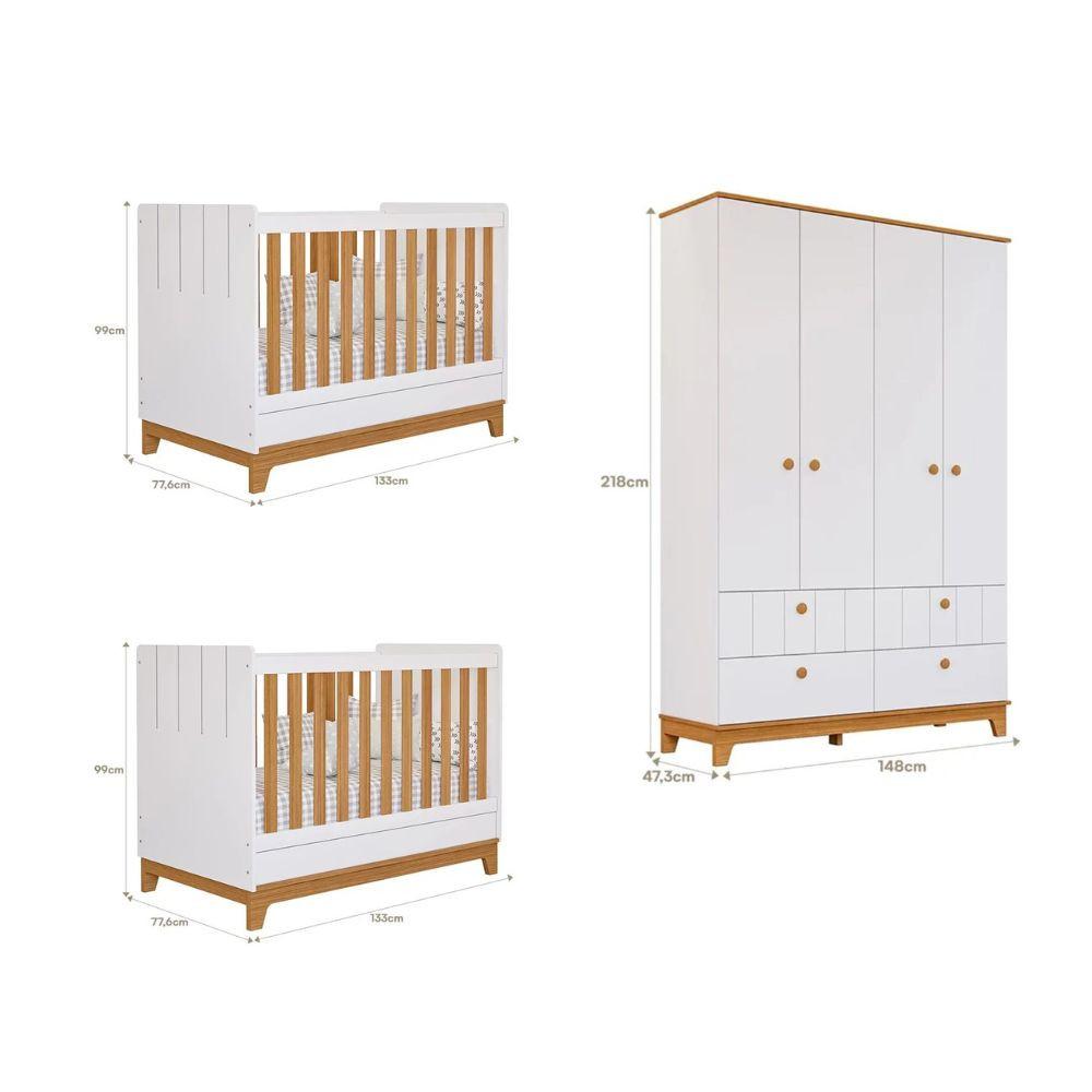 Quarto Bebê Gêmeos com 2 Berços Mini Cama e Guarda Roupa 4 portas Liza Permobili - 3