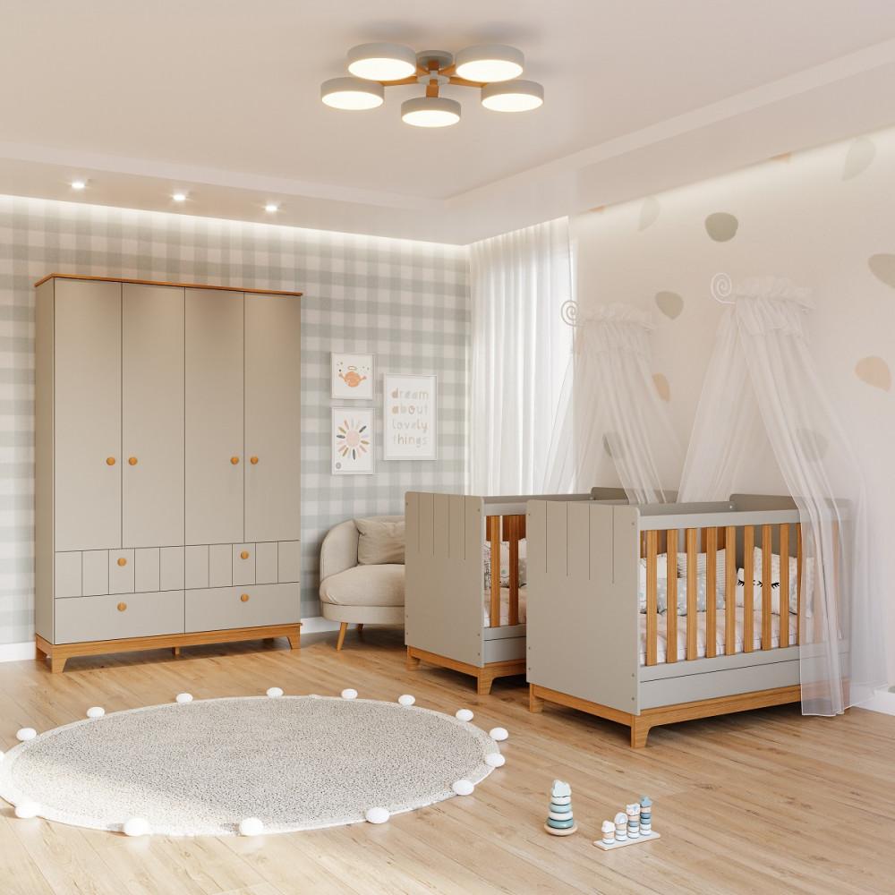 Quarto Bebê Gêmeos com 2 Berços Mini Cama e Guarda Roupa 4 portas Liza Permobili - 1
