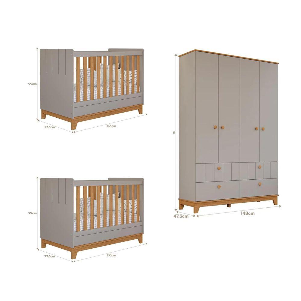 Quarto Bebê Gêmeos com 2 Berços Mini Cama e Guarda Roupa 4 portas Liza Permobili - 3