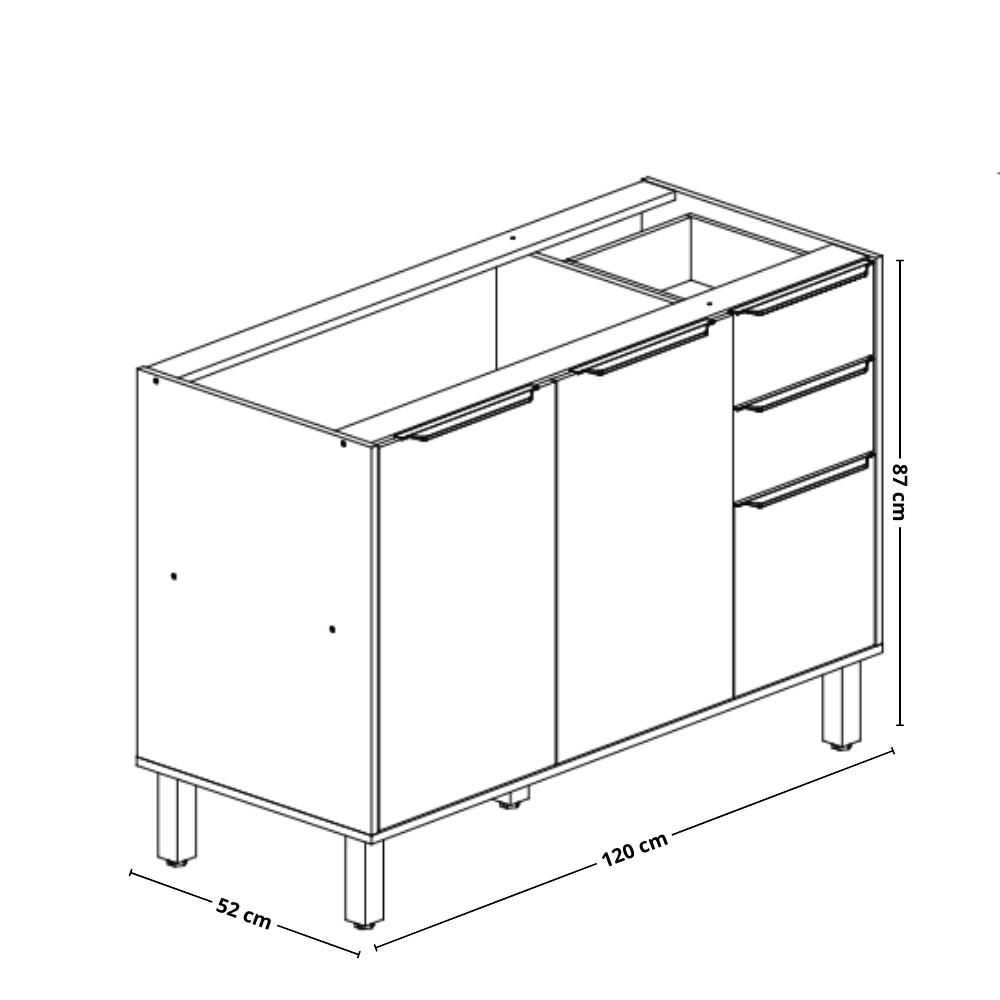 Balcão de Pia 3 Portas 2 Gavetas 120cm sem Pia 100 MDF Diva MGM Móveis - 3