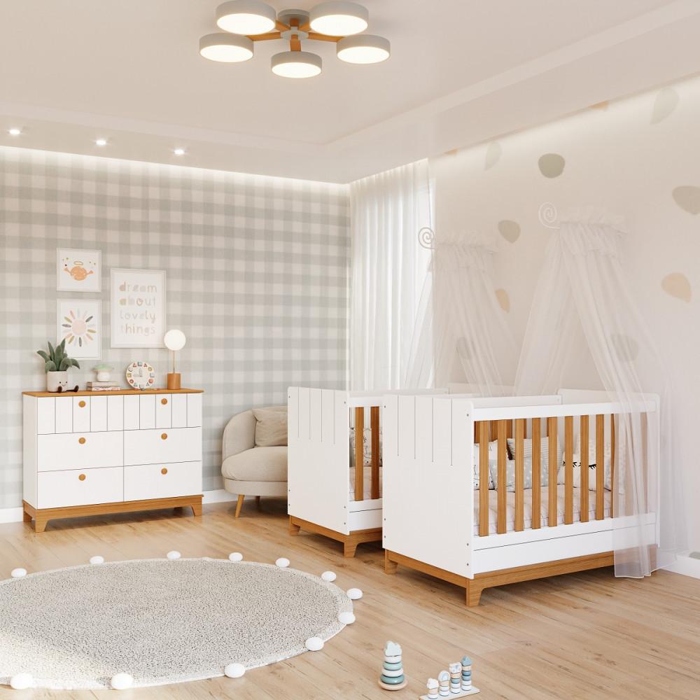 Quarto Bebê Gêmeos com 2 Berços Mini Cama e Cômoda 6 Gavetas Liza Permobili - 1