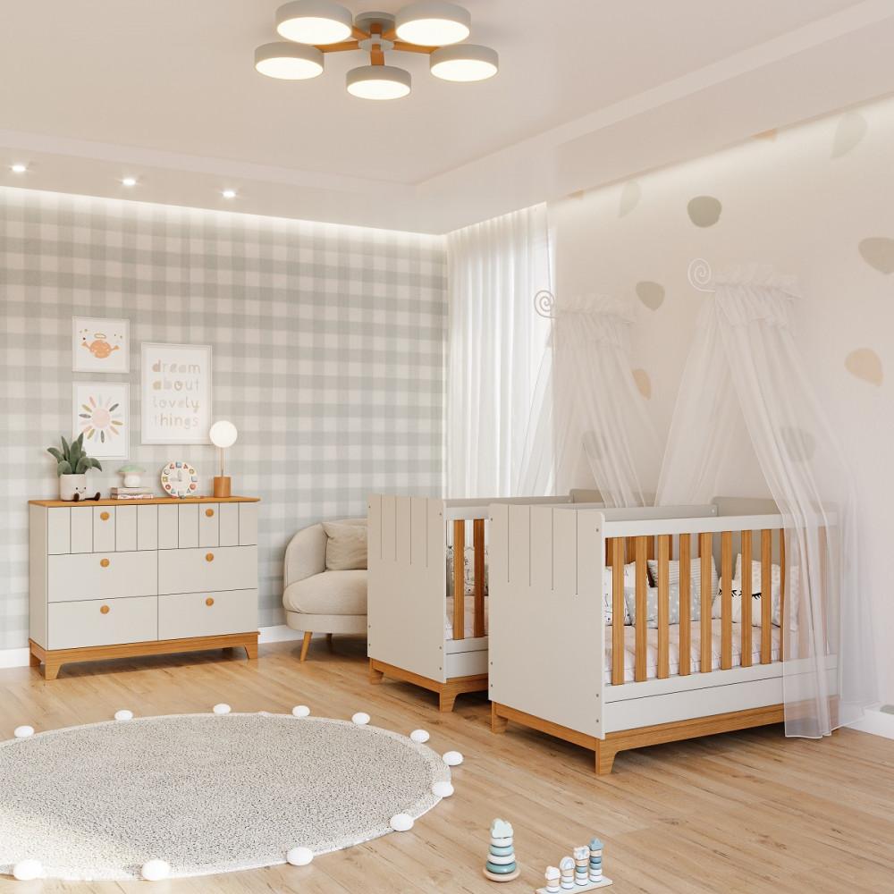 Quarto Bebê Gêmeos com 2 Berços Mini Cama e Cômoda 6 Gavetas Liza Permobili - 1