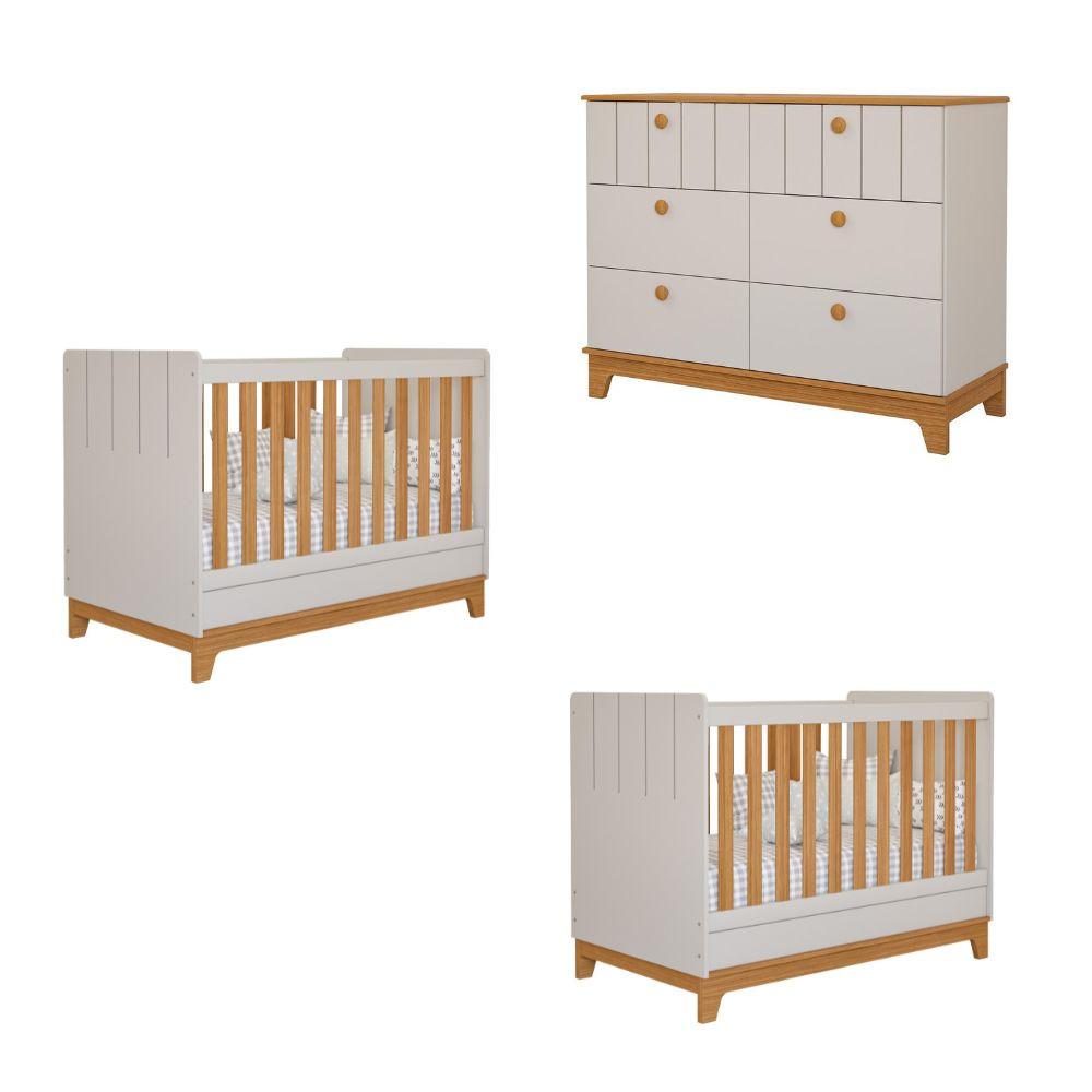 Quarto Bebê Gêmeos com 2 Berços Mini Cama e Cômoda 6 Gavetas Liza Permobili - 2