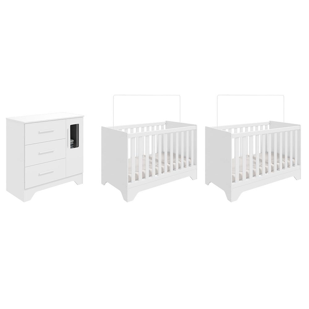 Quarto de Bebê com 2 Berço Mini Cama Cômoda 1 Portas 3 Gavetas com Janela Popy Retrô Peroba - 2