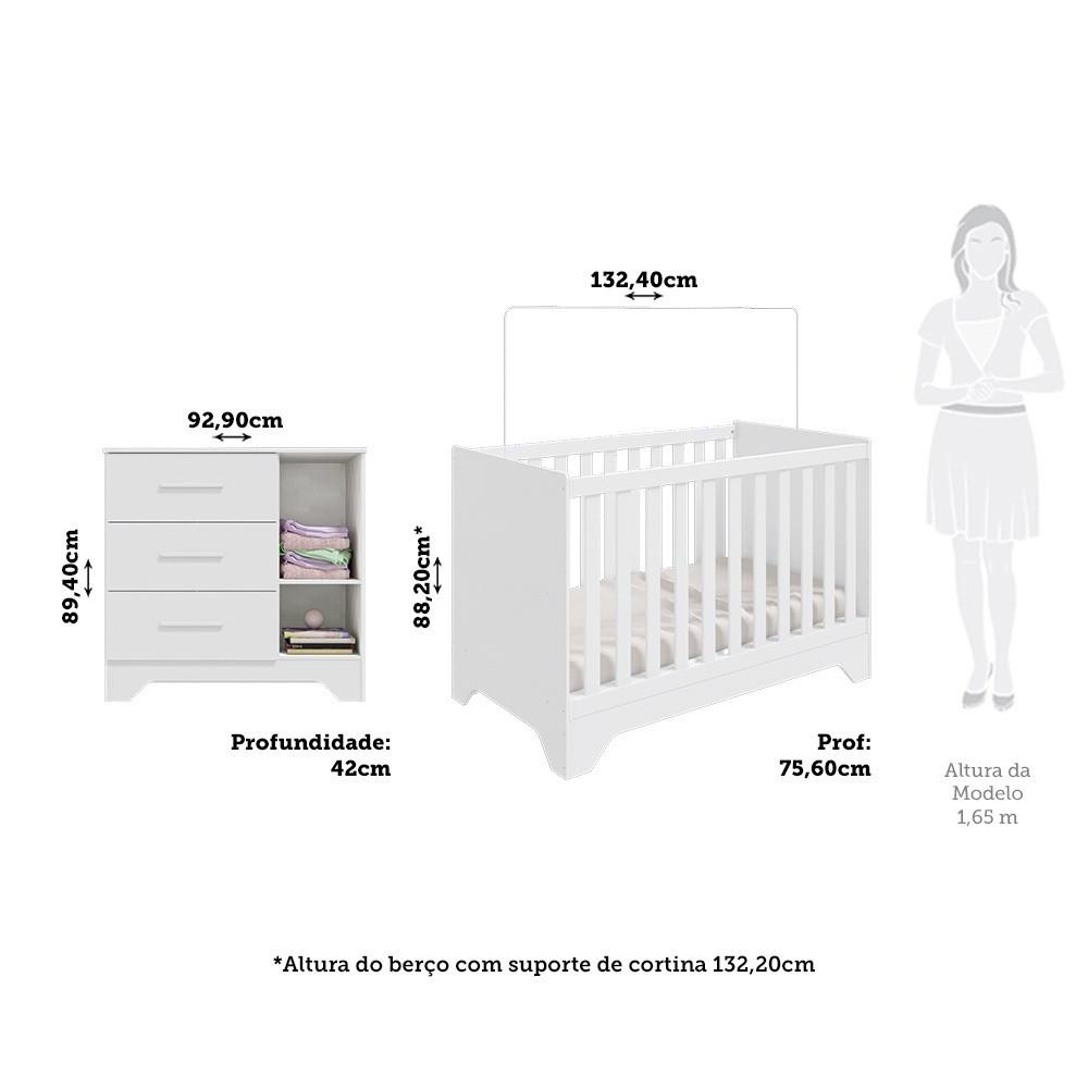 Quarto de Bebê com 2 Berço Mini Cama Cômoda 1 Portas 3 Gavetas com Janela Popy Retrô Peroba - 4