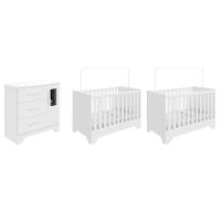 Quarto de Bebê com 2 Berço Mini Cama Cômoda 1 Portas 3 Gavetas com Janela Popy Retrô Peroba - 2