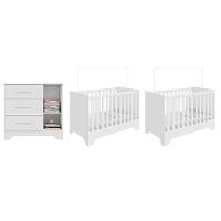 Quarto de Bebê com 2 Berço Mini Cama Cômoda 1 Portas 3 Gavetas com Janela Popy Retrô Peroba - 3
