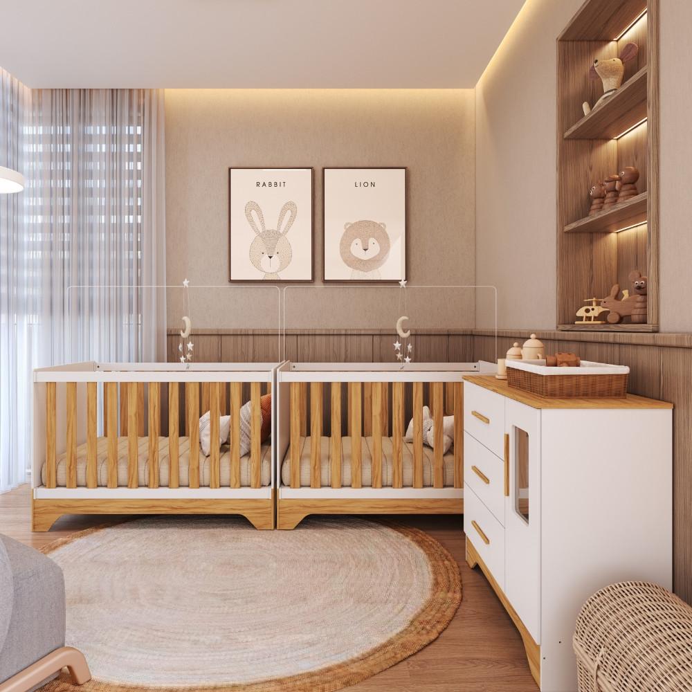 Quarto de Bebê com 2 Berço Mini Cama Cômoda 1 Portas 3 Gavetas com Janela Popy Retrô Peroba - 1