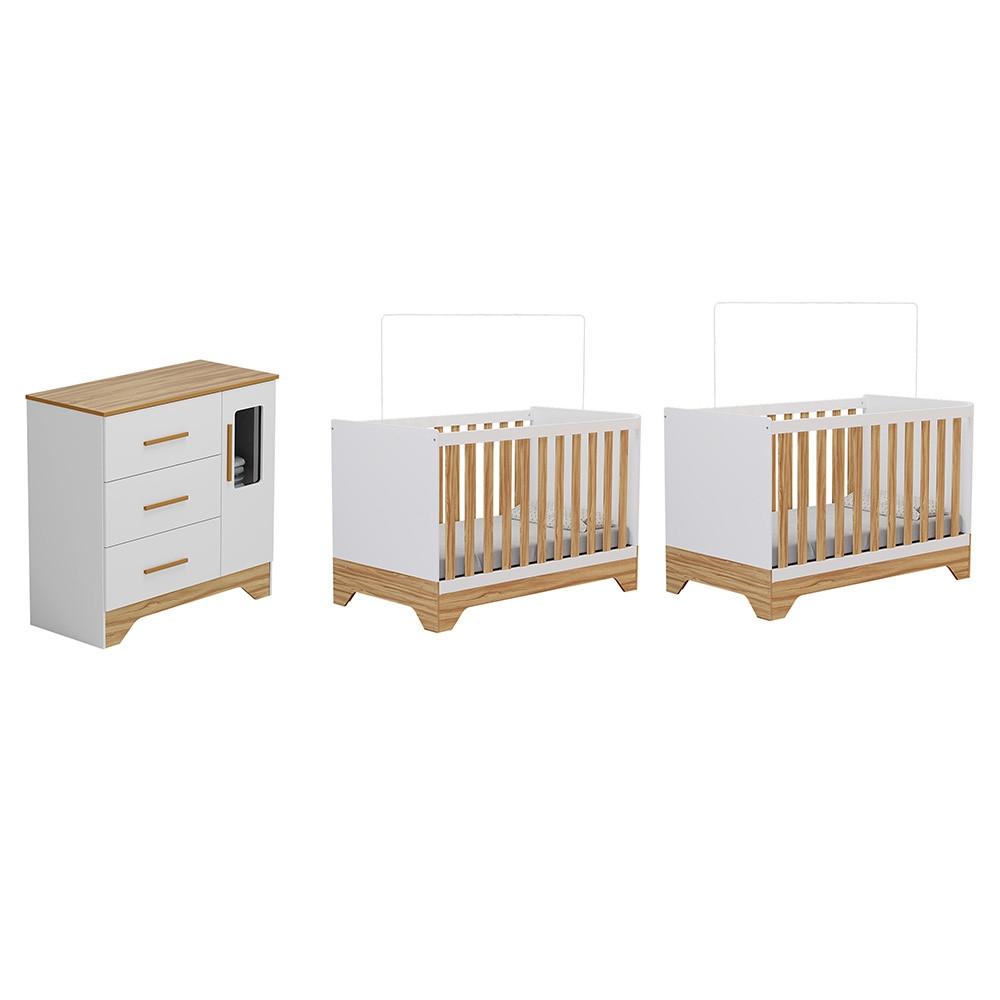 Quarto de Bebê com 2 Berço Mini Cama Cômoda 1 Portas 3 Gavetas com Janela Popy Retrô Peroba - 2