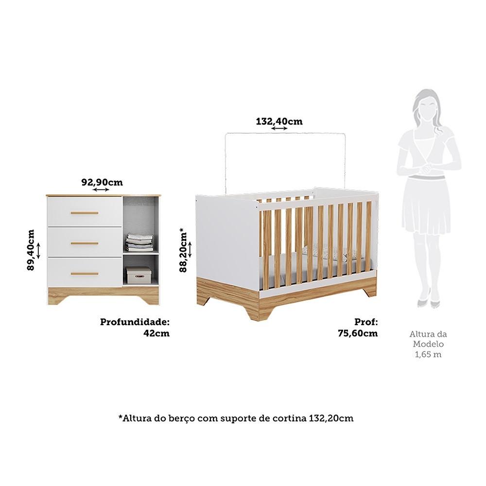 Quarto de Bebê com 2 Berço Mini Cama Cômoda 1 Portas 3 Gavetas com Janela Popy Retrô Peroba - 4