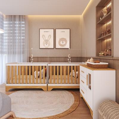 Quarto de Bebê com 2 Berço Mini Cama Cômoda 1 Portas 3 Gavetas com Janela Popy Retrô Peroba