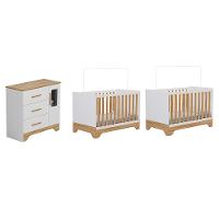 Quarto de Bebê com 2 Berço Mini Cama Cômoda 1 Portas 3 Gavetas com Janela Popy Retrô Peroba - 2