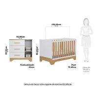 Quarto de Bebê com 2 Berço Mini Cama Cômoda 1 Portas 3 Gavetas com Janela Popy Retrô Peroba