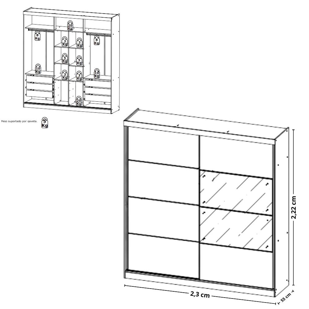 Guarda Roupa Casal com Espelho 2 Portas de Correr em MDF Málaga GlassTHB - 4