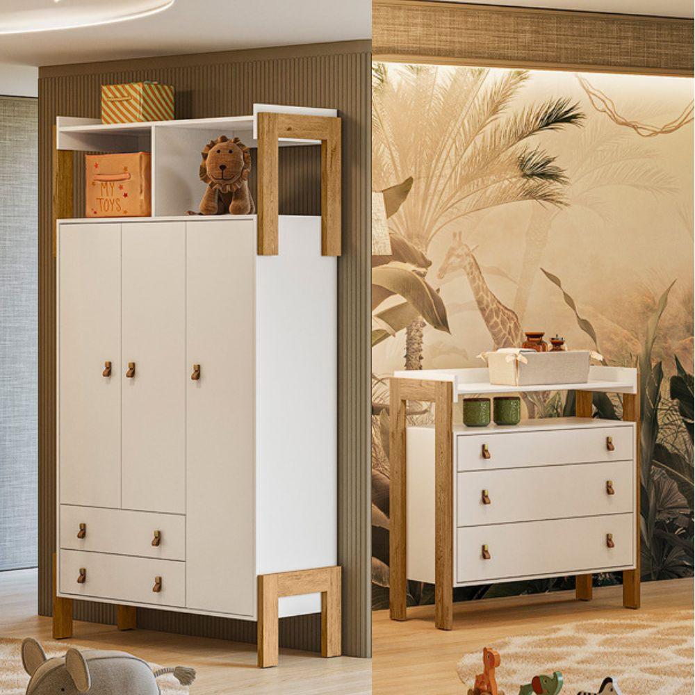 Quarto de Bebê  Guarda-Roupa 3 portas 2 Gavetas e Cômoda 3 Gavetas Fantasia Qmovi - 1