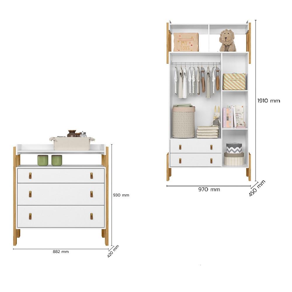 Quarto de Bebê  Guarda-Roupa 3 portas 2 Gavetas e Cômoda 3 Gavetas Fantasia Qmovi - 4