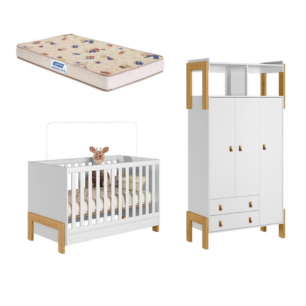 Quarto de Bebê Berço mini cama e Guarda Roupa 3 portas 2 Gavetas Fantasia Qmovi e Colchão Gazin - 1