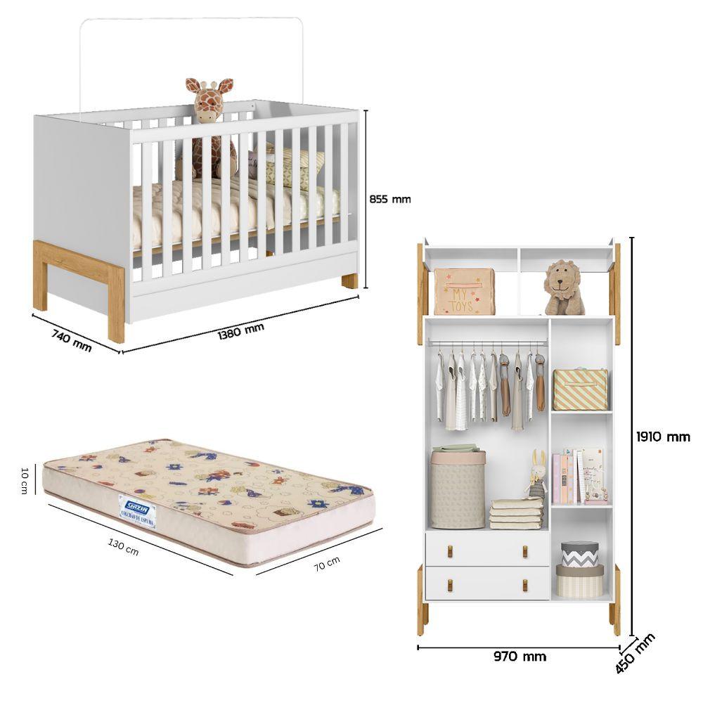 Quarto de Bebê Berço mini cama e Guarda Roupa 3 portas 2 Gavetas Fantasia Qmovi e Colchão Gazin - 3