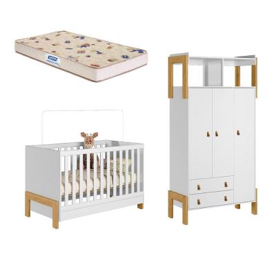 Quarto de Bebê Berço mini cama e Guarda Roupa 3 portas 2 Gavetas Fantasia Qmovi e Colchão Gazin
