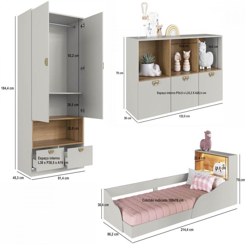 Quarto Infantil Cama Solteiro Montessoriana Led Cômoda e Guarda Roupas CJ078 Lille - 3