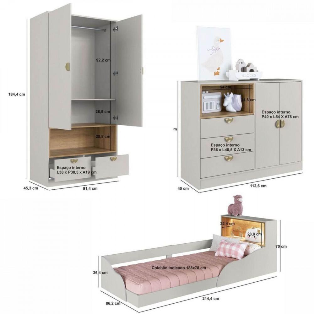 Quarto Infantil Cama Solteiro Montessoriana Led Cômoda Guarda roupa CJ076 Lille Art In Móveis - 3