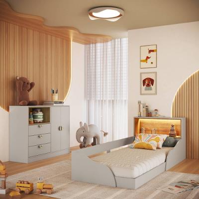 Quarto Infantil Cama Solteiro Montessoriana Led e Cômoda 3 Gavetas CJ080 Lille