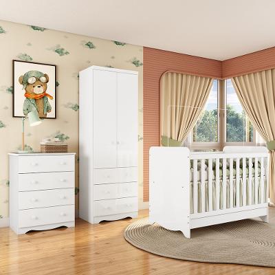 Quarto de Bebê Completo com Berço Minicama Ben Guarda Roupa Smim New e Cômoda Junior New MDF Móveis Peroba