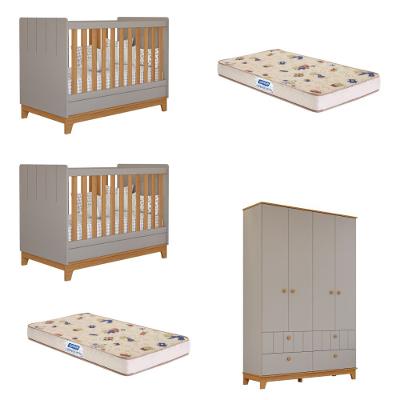 Quarto Bebê Gêmeos 2 Berço Mini Cama Guarda Roupa Liza e 2 Colchões Gazin Permobili