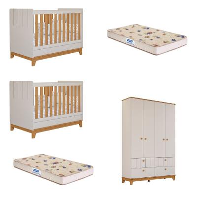 Quarto Bebê Gêmeos 2 Berço Mini Cama Guarda Roupa Liza e 2 Colchões Gazin Permobili