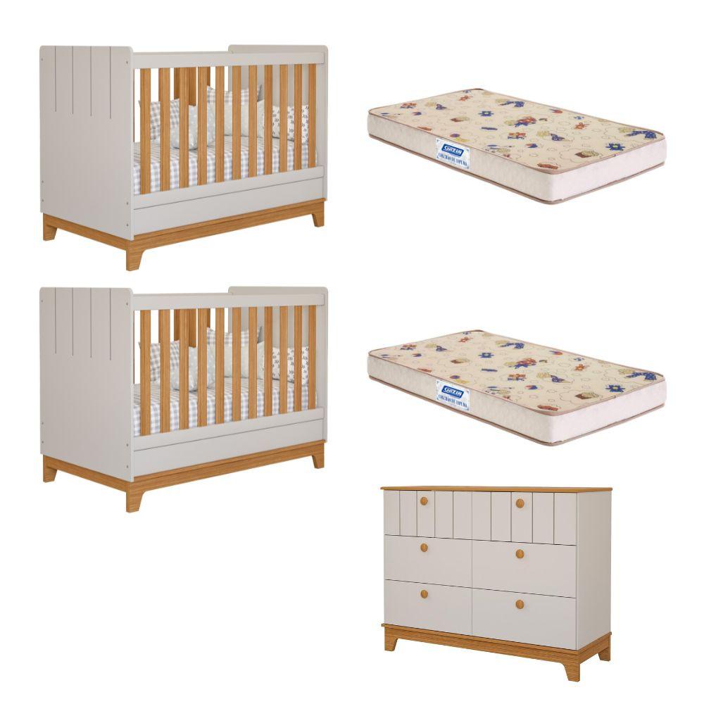 Quarto Bebê Gêmeos Berço Mini Cama  Cômoda 6 gavetas Liza e 2 Colchões Gazin Permobili - 1