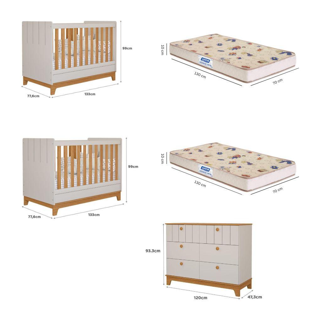 Quarto Bebê Gêmeos Berço Mini Cama  Cômoda 6 gavetas Liza e 2 Colchões Gazin Permobili - 3