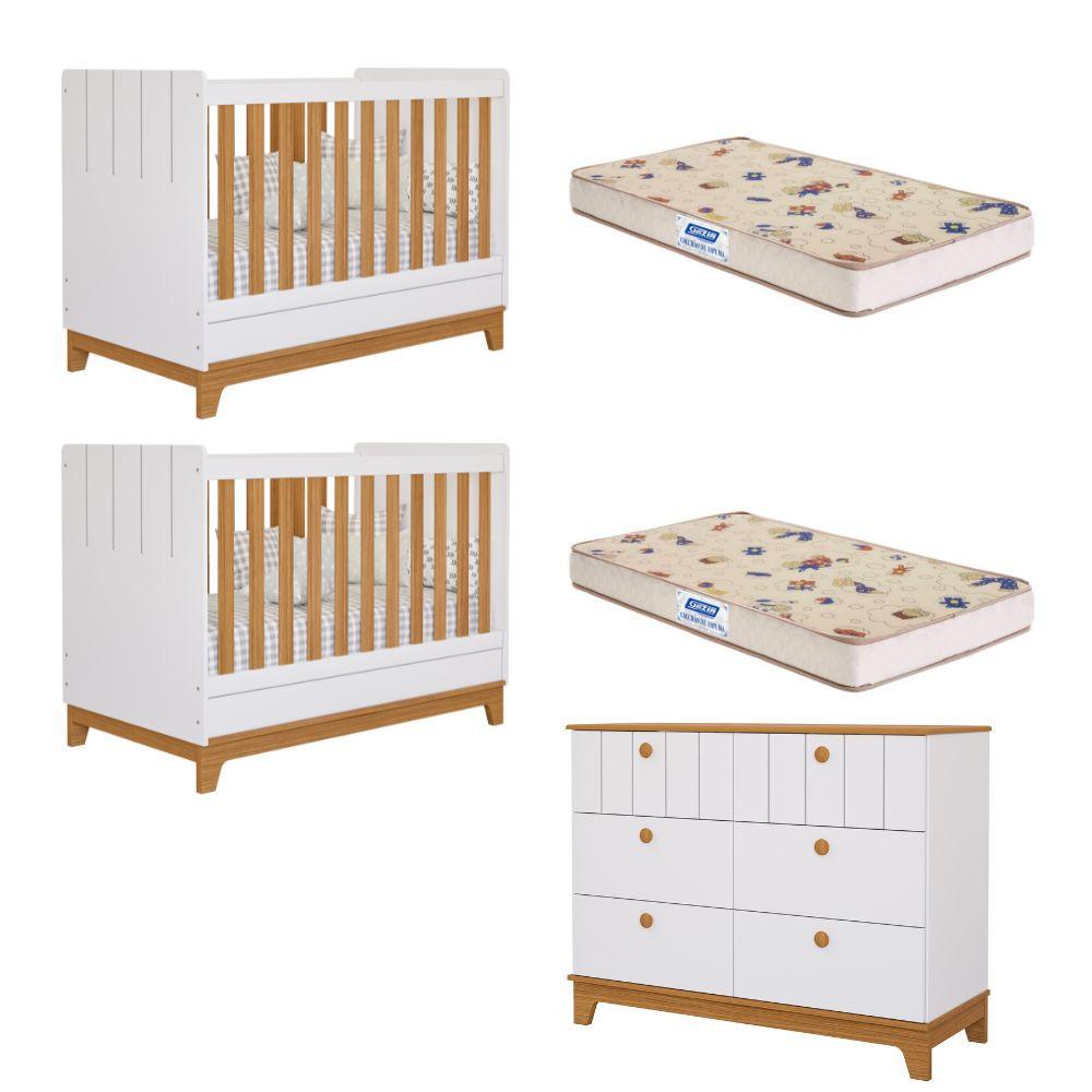 Quarto Bebê Gêmeos Berço Mini Cama  Cômoda 6 gavetas Liza e 2 Colchões Gazin Permobili - 1
