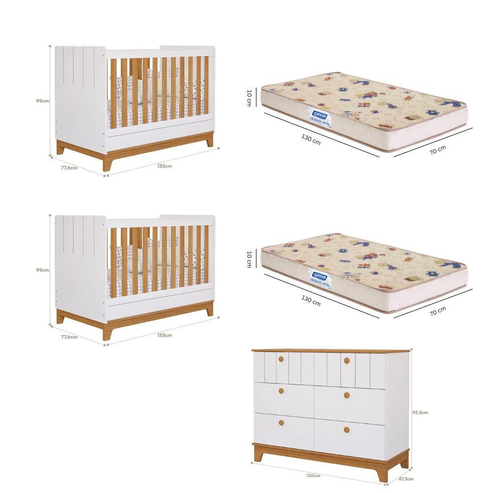 Quarto Bebê Gêmeos Berço Mini Cama  Cômoda 6 gavetas Liza e 2 Colchões Gazin Permobili - 3