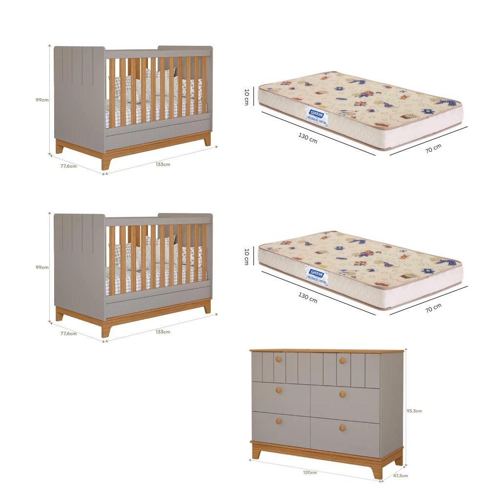 Quarto Bebê Gêmeos Berço Mini Cama  Cômoda 6 gavetas Liza e 2 Colchões Gazin Permobili - 2