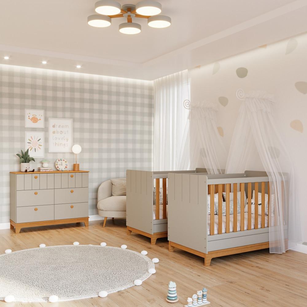 Quarto Bebê Gêmeos Berço Mini Cama  Cômoda 6 gavetas Liza e 2 Colchões Gazin Permobili - 3
