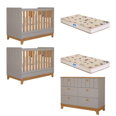 Quarto Bebê Gêmeos Berço Mini Cama  Cômoda 6 gavetas Liza e 2 Colchões Gazin Permobili