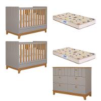 Quarto Bebê Gêmeos Berço Mini Cama  Cômoda 6 gavetas Liza e 2 Colchões Gazin Permobili - 1